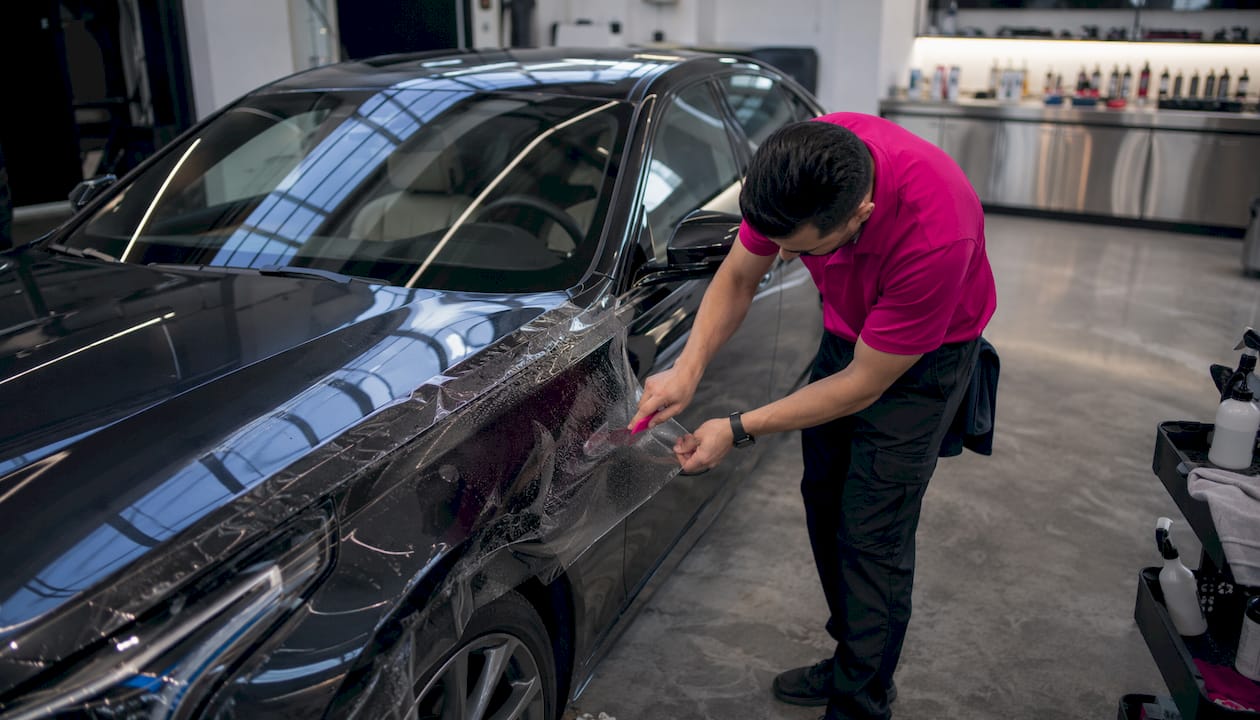 Technician applying paint protection film to car fender