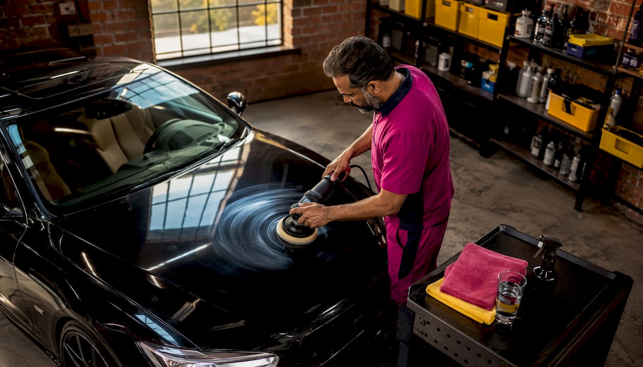 Technician polishing car hood in detailing garage