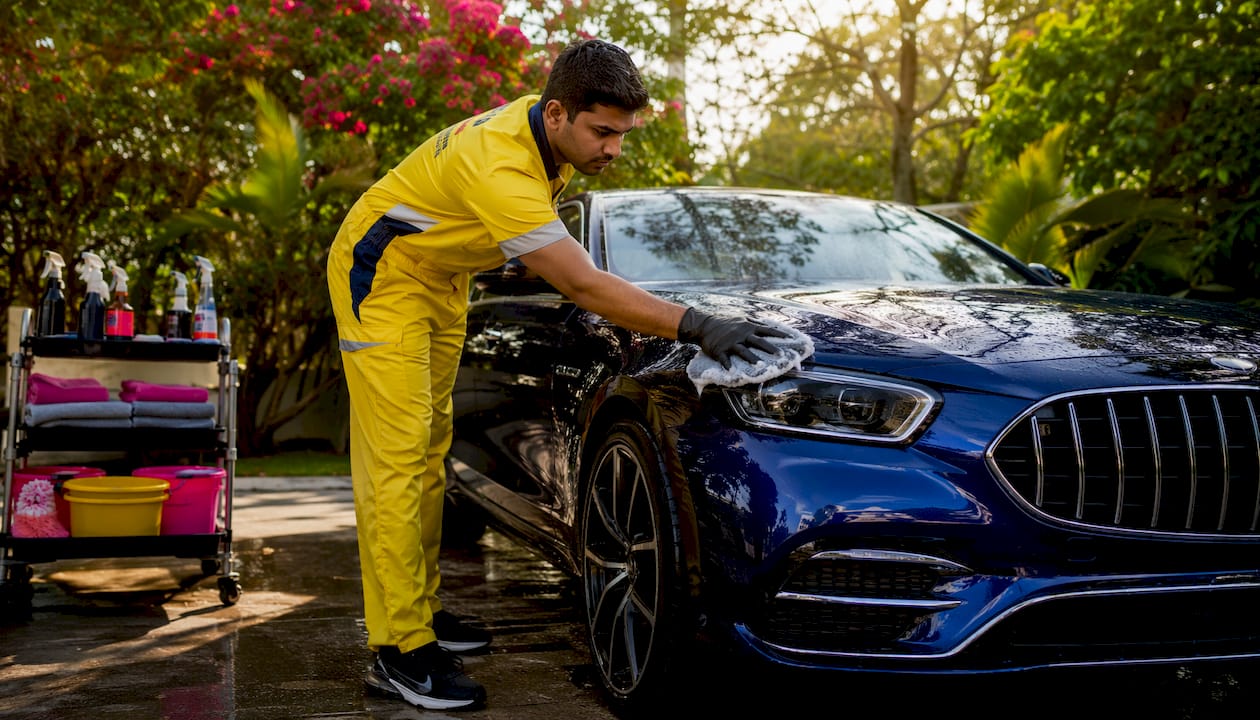 Professional washing car exterior in garage