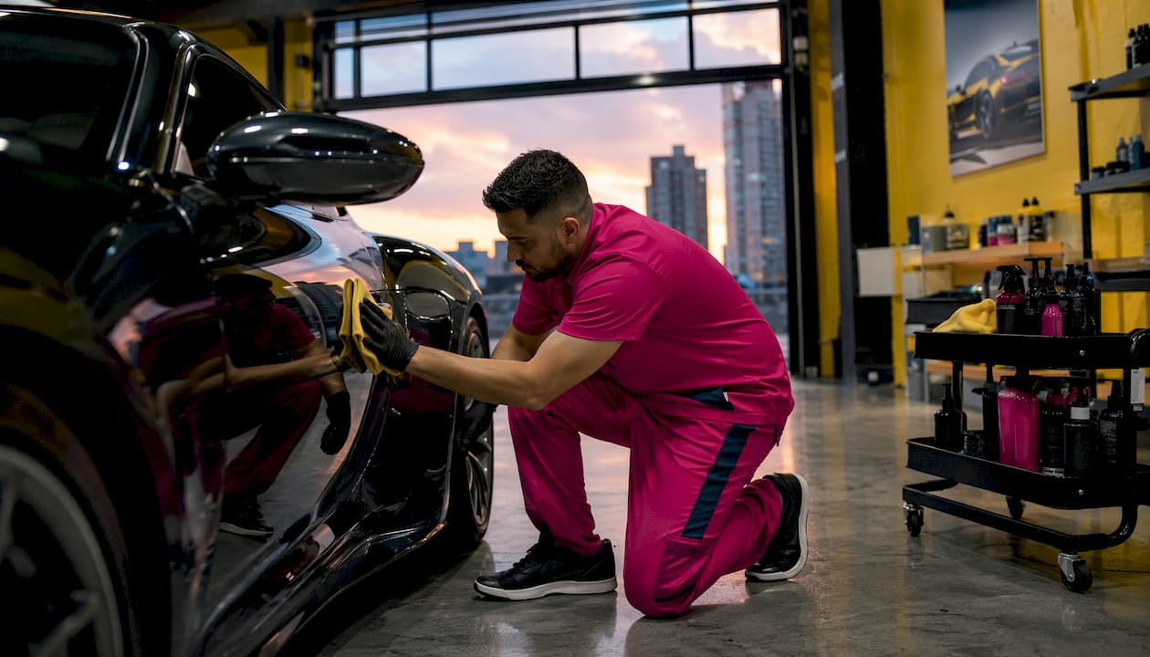 Detailer applying ceramic coating to luxury car