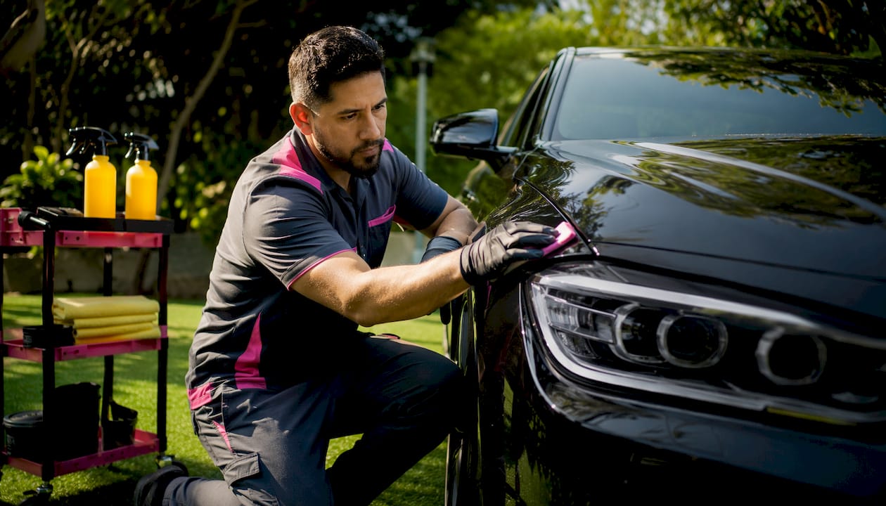 Detailer using clay bar on luxury car hood