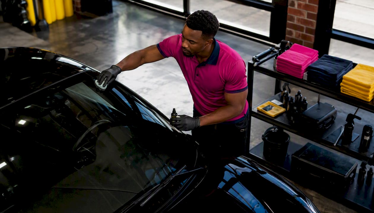 Technician applying glass coat on car windshield
