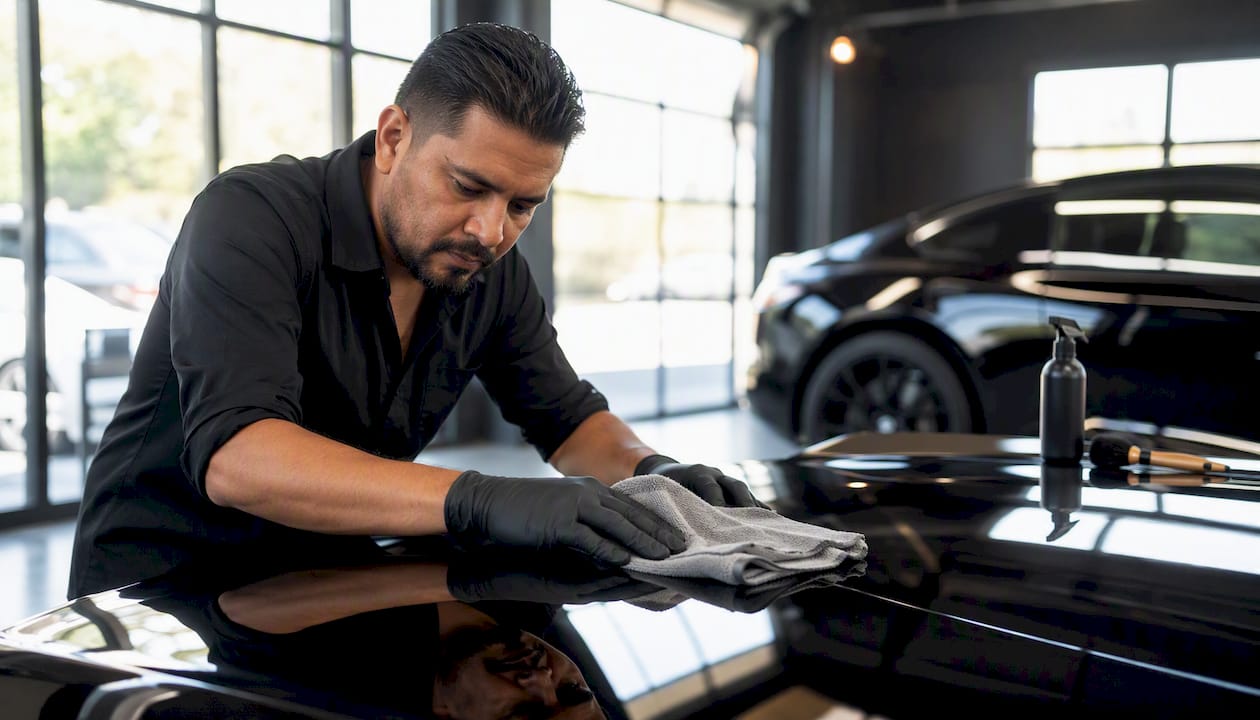 Detailer cleaning bird droppings from car paint