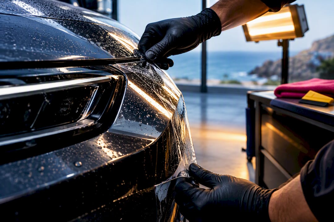 Technician applying film to vehicle front corner