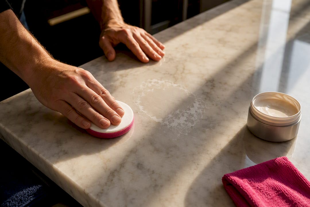 Hands polishing an etched marble countertop