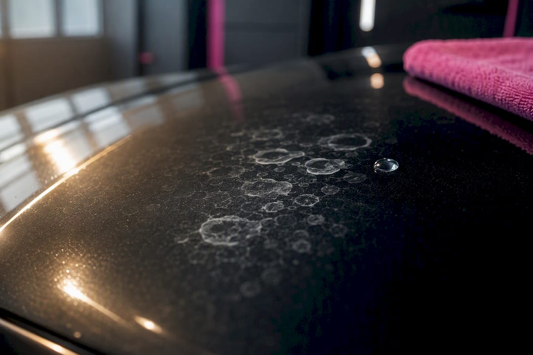 Mineral rings visible on glossy vehicle hood