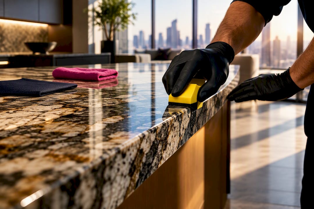 Specialist applying coating to granite countertop