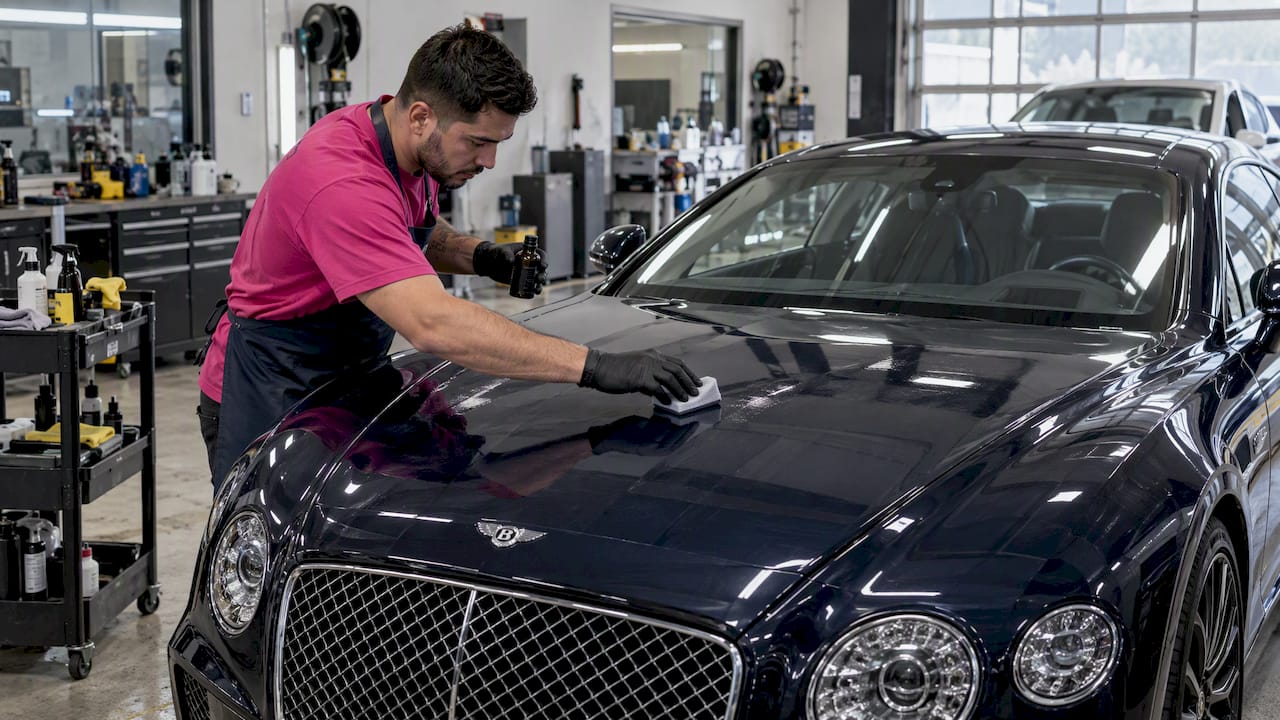 Technician applying ceramic coating over PPF