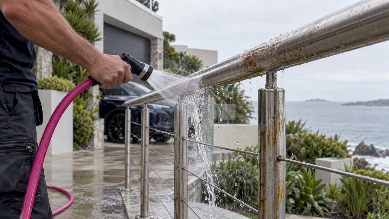 Fresh water rinsing stained coastal stainless steel