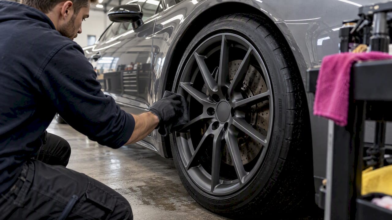 Matte alloy wheel on a luxury coupe