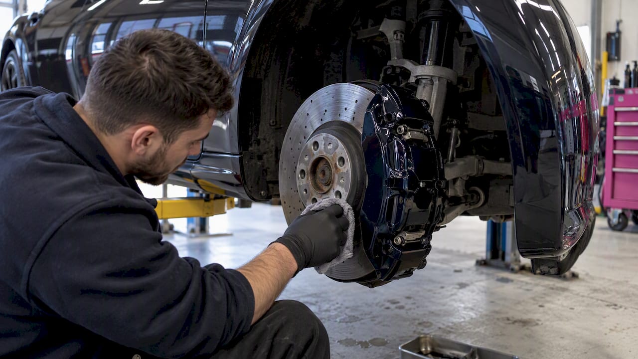 Ceramic-coated caliper beside a ventilated rotor