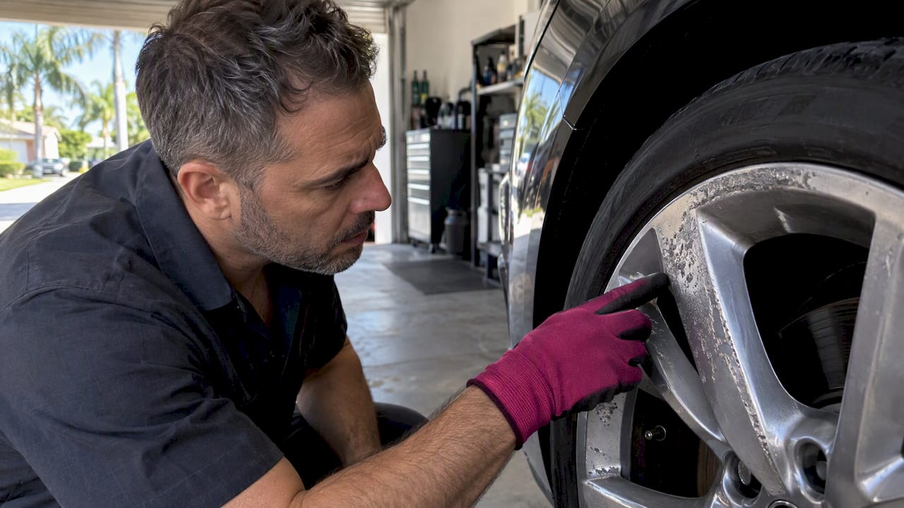 Owner inspecting pitting on a car wheel