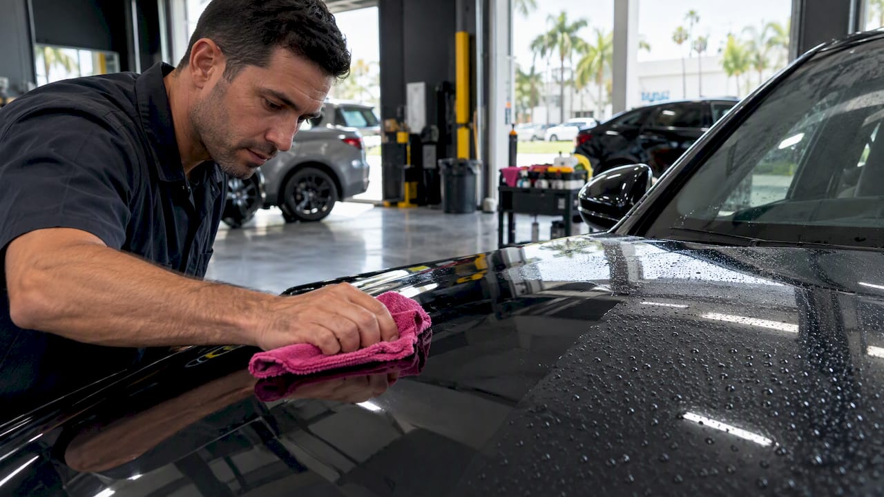 Technician evaluates an IPA test patch on hood