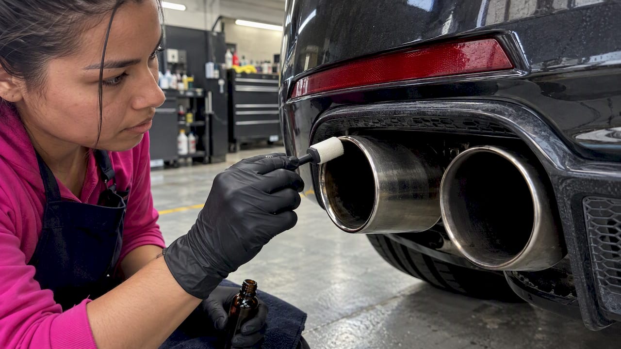 Technician coating a luxury car exhaust tip