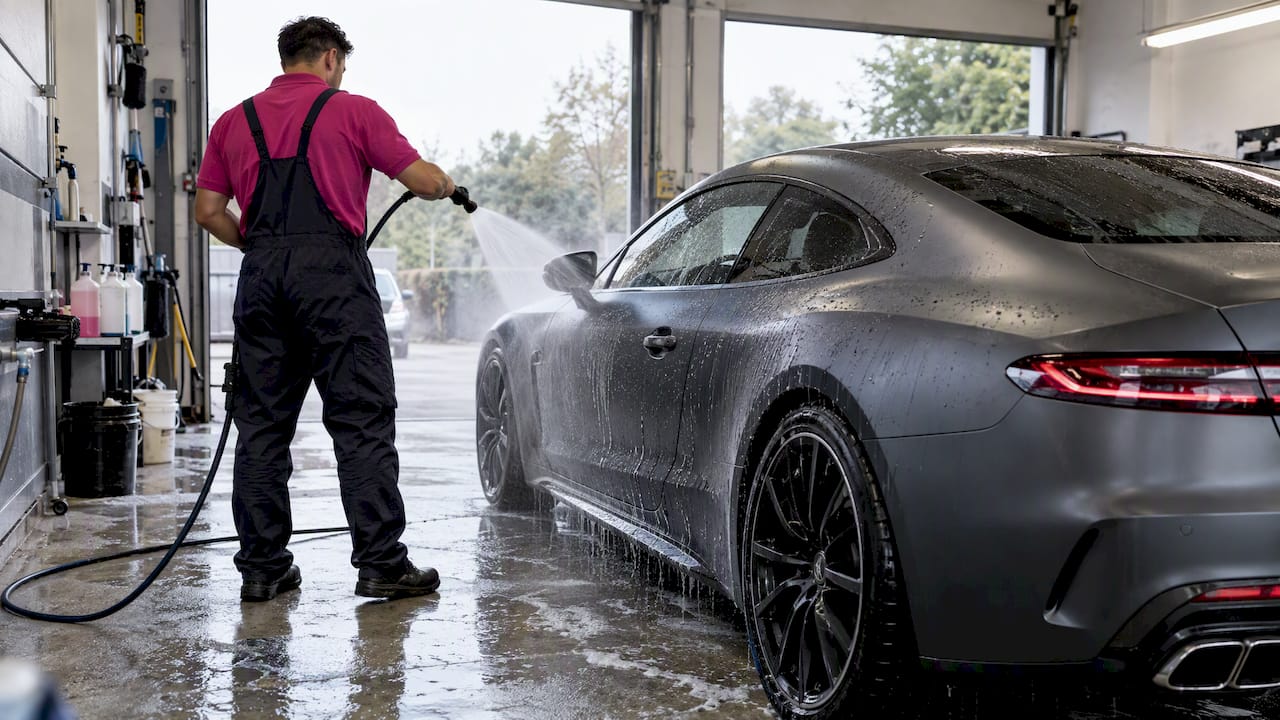Detailer rinsing a matte luxury car