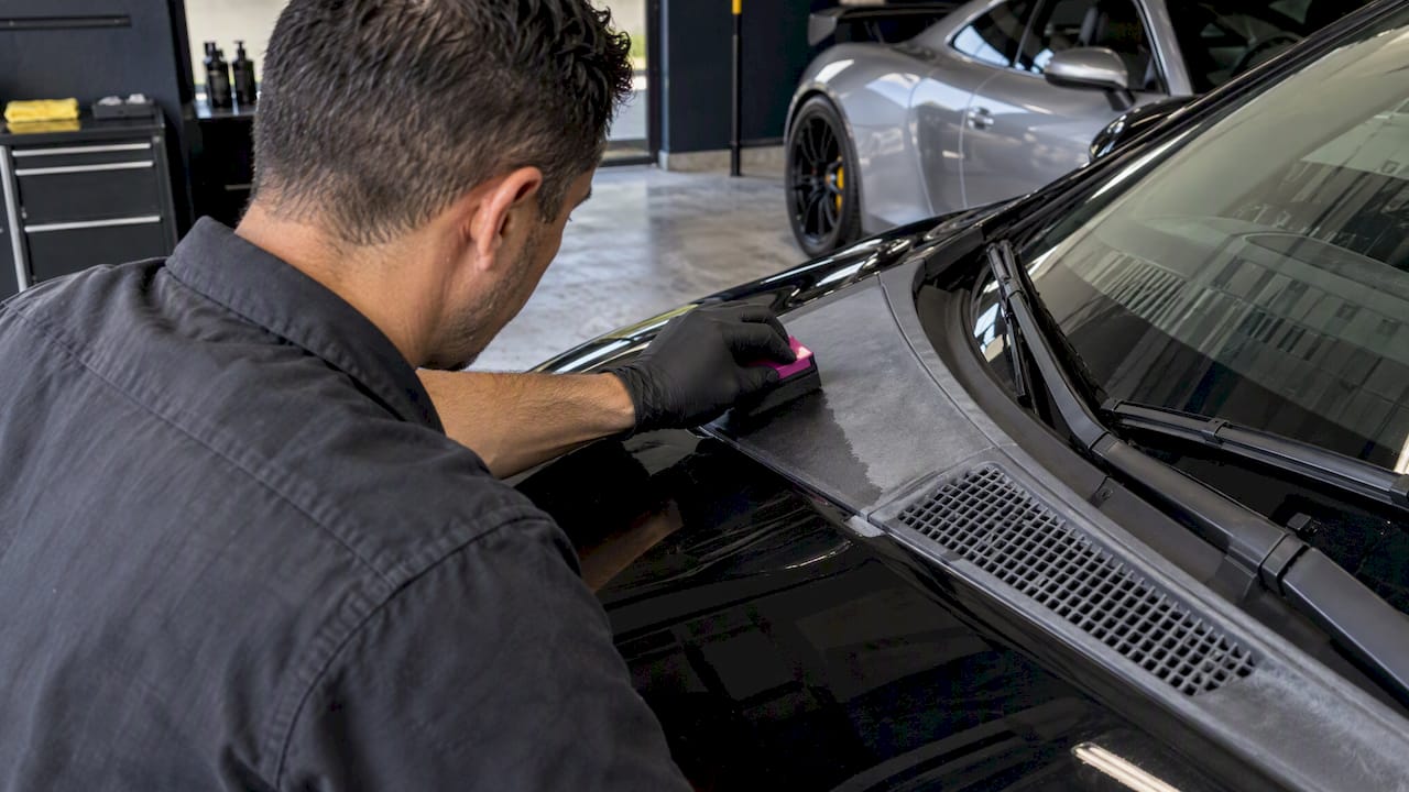 Technician restoring faded black plastic trim