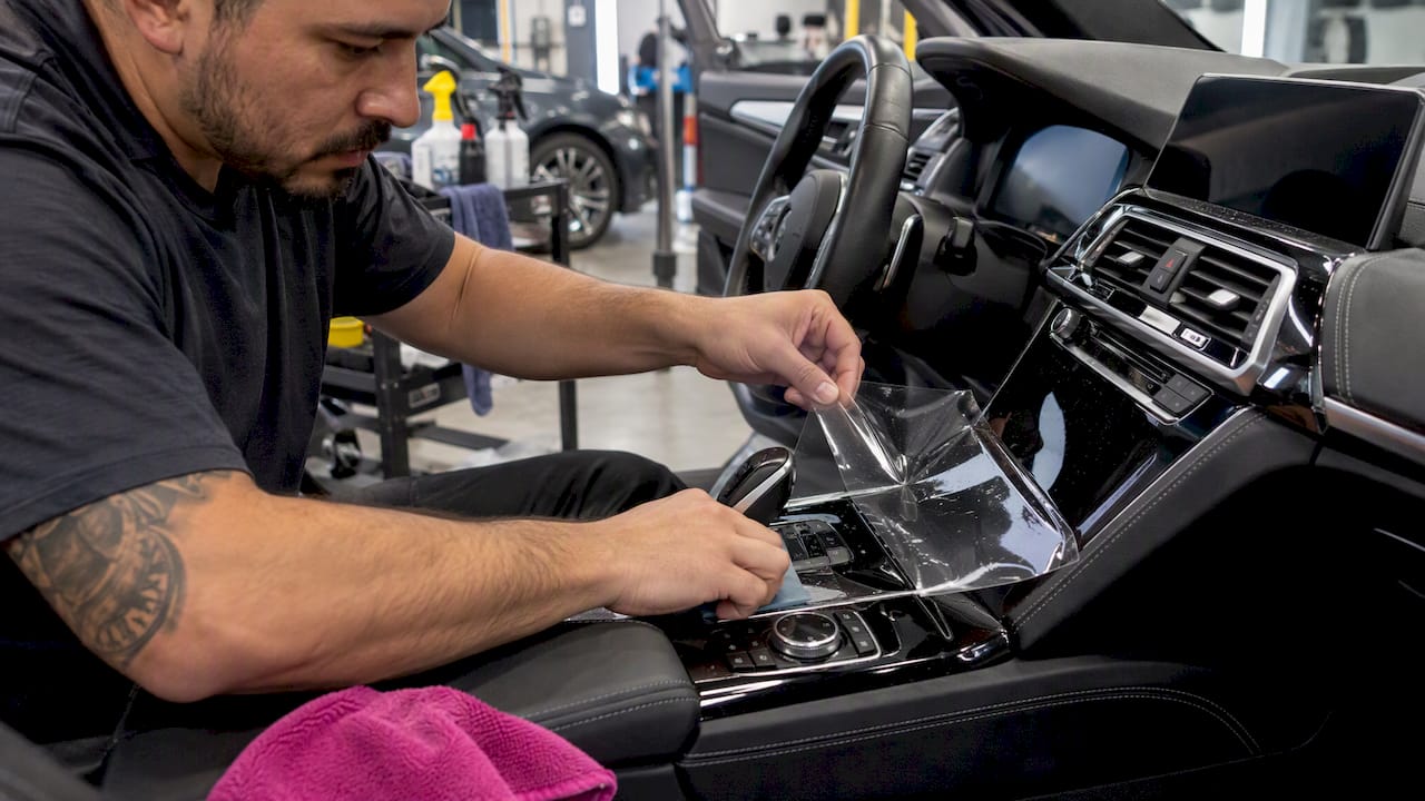 Clear film being applied to glossy black console trim